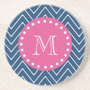 Hot Pink, Navy Blue Chevron   Your Monogram Coaster