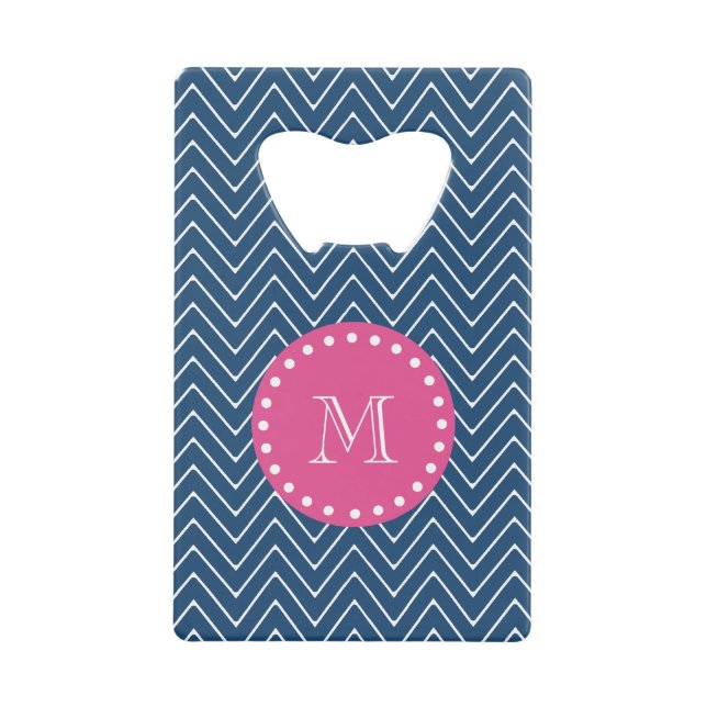 Hot Pink, Navy Blue Chevron | Your Monogram Wallet Bottle Opener (Front)