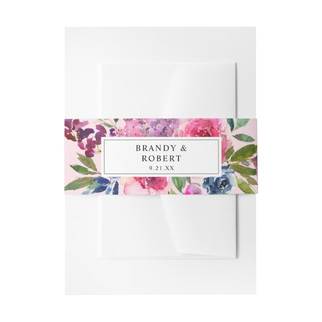 Hot Pink & Navy Blue Floral 2 Pink Invitation Belly Band (Front Example)