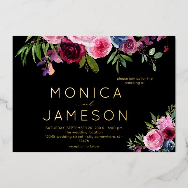 Hot Pink & Navy Blue Floral Wedding Black (Front)