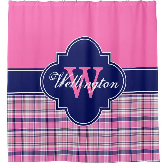 Hot Pink Navy Blue Madras Plaid 1I CB Ribbon Name (Front)