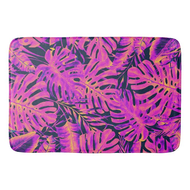 Hot Pink & Navy Blue Tropical Palm Leaves Island   Bath Mat (Front)