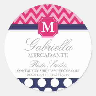 Hot Pink & Navy Chevron Zigzag Polka Dots Monogram Classic Round Sticker