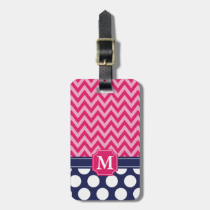Hot Pink & Navy Chevron Zigzag Polka Dots Monogram Luggage Tag
