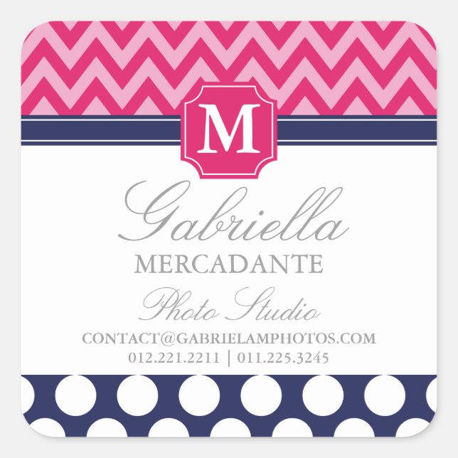 Hot Pink & Navy Chevron Zigzag Polka Dots Monogram Square Sticker (Front)