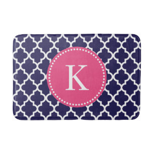 Hot Pink Navy Custom Monogram Quatrefoil Pattern Bath Mat