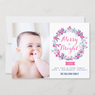 Hot Pink & Navy Nautical Wreath Holiday Photo Card