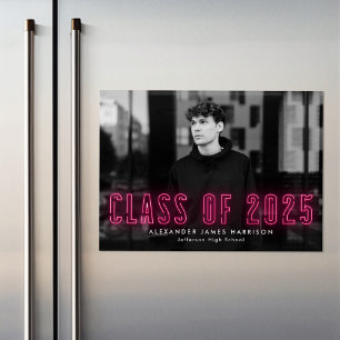 Hot Pink Neon Class of 2023 Photo Graduation Magnetic Invitation
