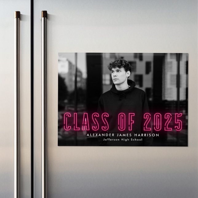 Hot Pink Neon Class of 2023 Photo Graduation Magnetic Invitation (Creator Uploaded)