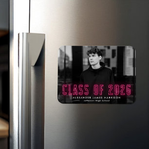 Hot Pink Neon Class of 2026 Photo Graduation Magnet