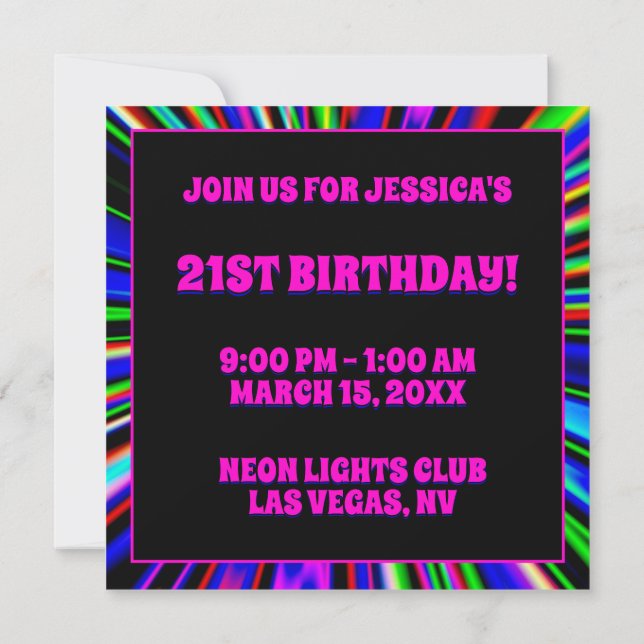Hot Pink Neon Lights Club 21st Birthday Invitation (Back)