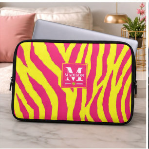 Hot Pink Neon Yellow Zebra Stripe Bold Y2K Laptop Sleeve