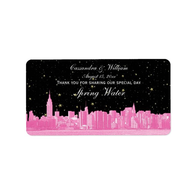 Hot Pink NYC Wide Starry Skyline Etch Water Bottle Label (Front)