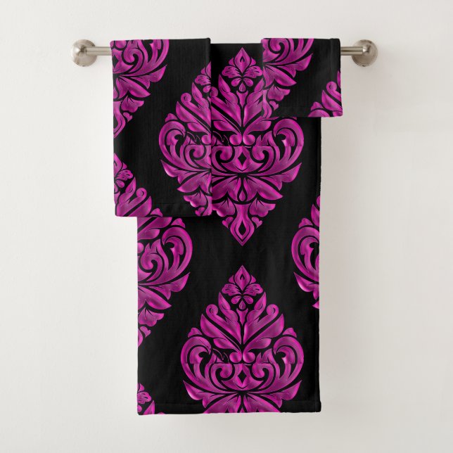 Hot Pink On Black DamaskTowel Set (Insitu)