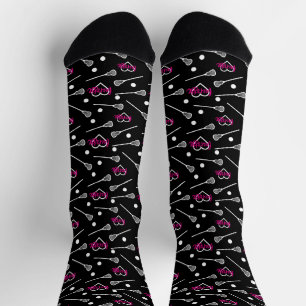 Hot Pink on Black Lacrosse Sticks & Hearts Pattern Socks