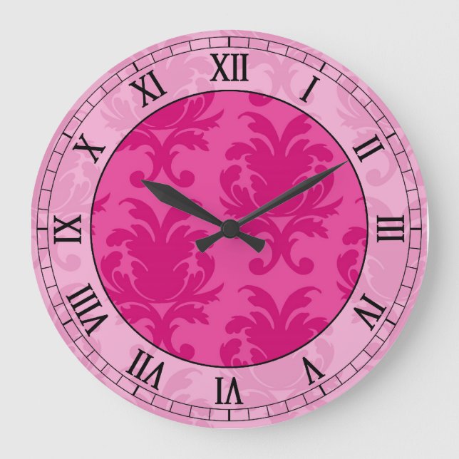 hot pink on pink chic damask roman numerals large clock (Front)