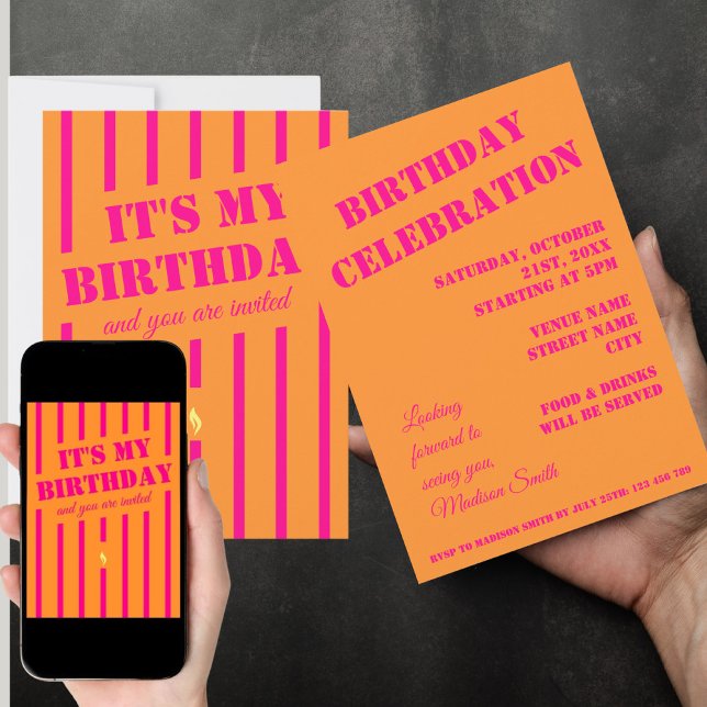 Hot pink orange birthday party Invitation (Creator Uploaded)
