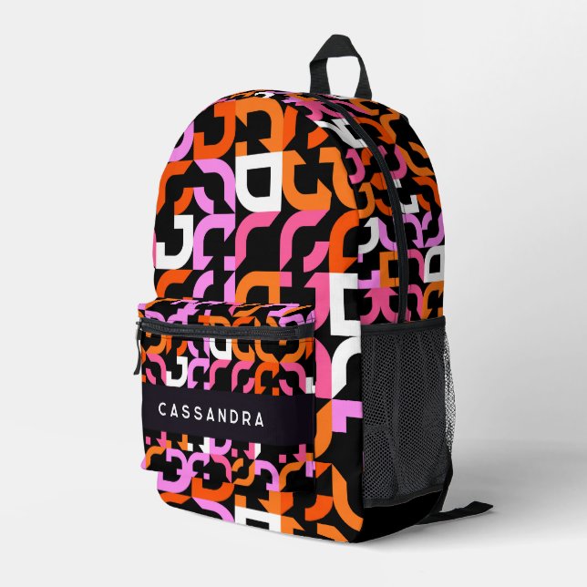 Hot Pink Orange Black Midcentury Art Pattern Printed Backpack (Back Corner Right)