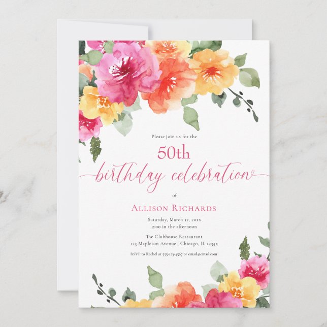 Hot pink orange bright floral 50th birthday party invitation (Front)