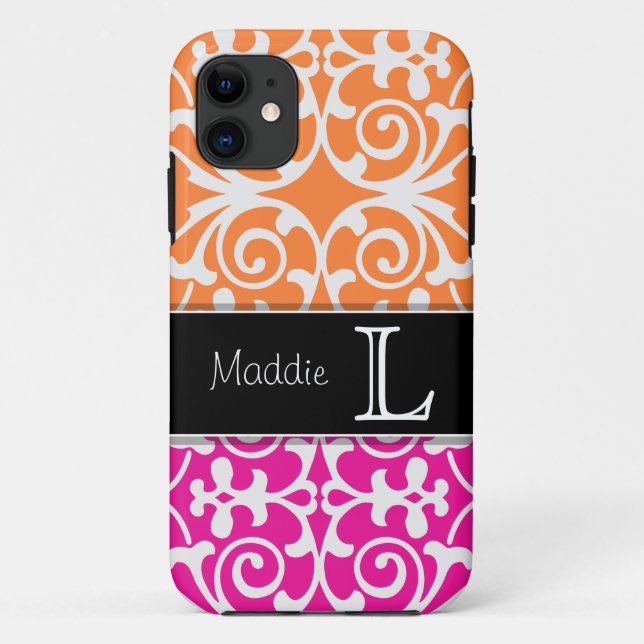 Hot Pink & Orange Damask Monogram iPhone 5 Case-Mate iPhone Case (Back)