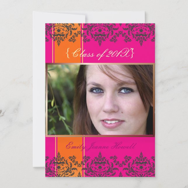 Hot Pink + Orange + Damask Photo Invitations (Front)