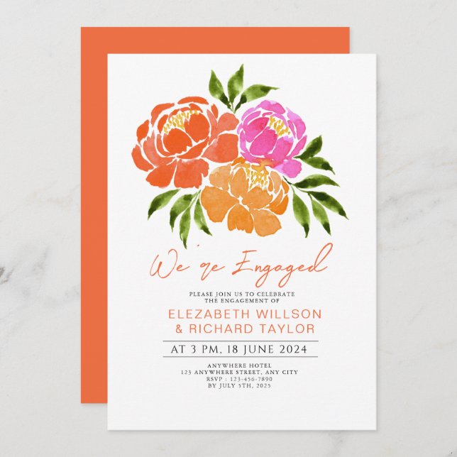 Hot Pink Orange Floral Engagement Party Invitation (Front/Back)