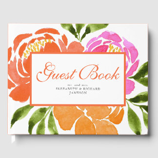 Hot Pink Orange  Floral Summer Wedding Guest Book