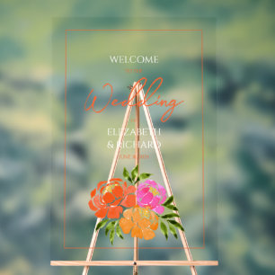 Hot Pink Orange Floral Wedding Welcome Acrylic Sign