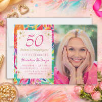 Hot Pink Orange Flowers Gold Glitter Photo 50th