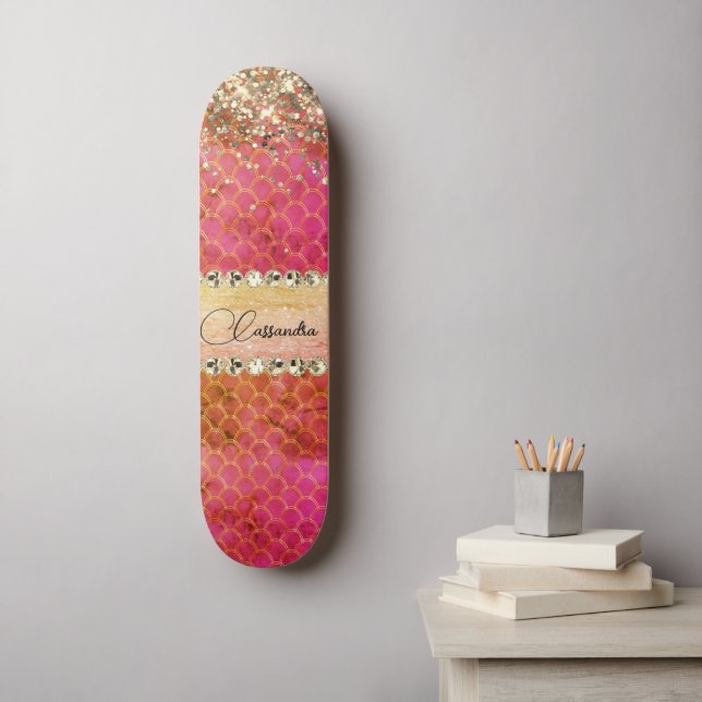 Hot Pink Orange Glittery Diamond Bling Skateboard (Wall Art)