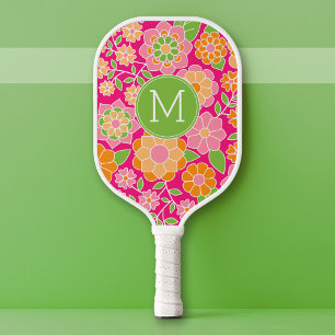 Hot Pink Orange Green Flowers with Custom Monogram Pickleball Paddle