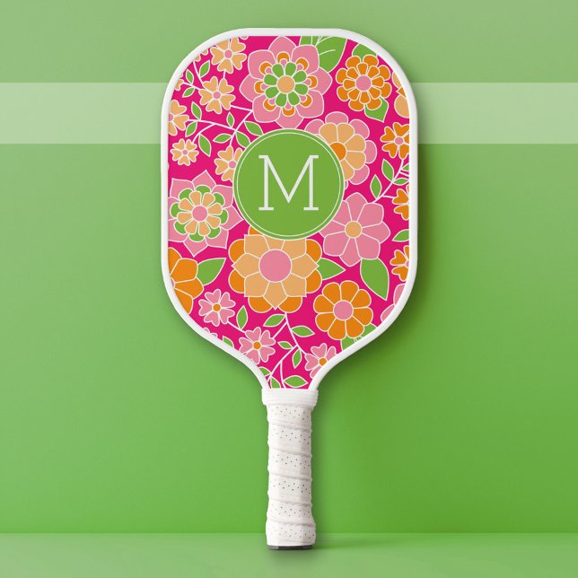 Hot Pink Orange Green Flowers with Custom Monogram Pickleball Paddle (Custom Pickleball Paddle)
