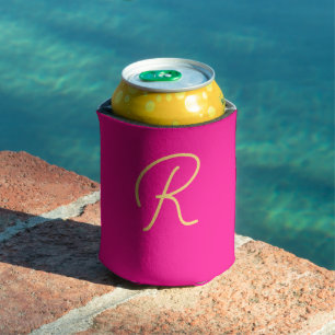 Hot Pink Orange Monogram Script Can Cooler