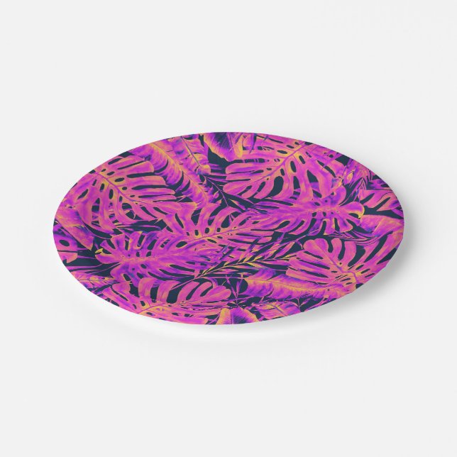 Hot Pink Orange Navy Tropical Palm Leaves Wedding Paper Plate (Angled)