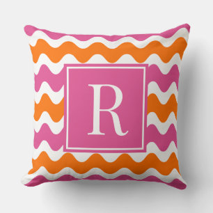 Hot Pink & Orange Preppy Ric Rac Stripe Monogram  Throw Pillow