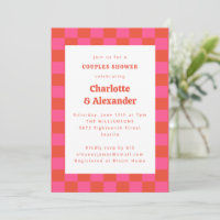 Hot Pink Orange Retro Chequerboard Couples Shower