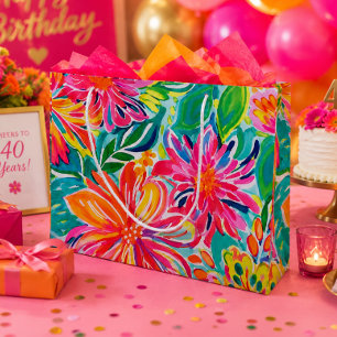 Hot Pink Orange Tropical Watercolor Flowers Large Gift Bag