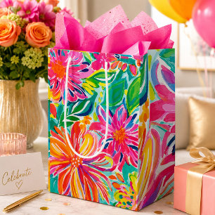 Hot Pink Orange Tropical Watercolor Flowers Medium Gift Bag