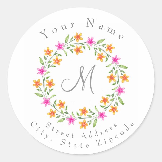  Hot Pink & Orange Watercolor Floral Wreath Labels (Front)