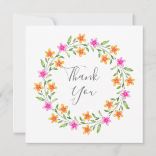 Hot Pink & Orange Watercolor Floral Wreath     Thank You Card
