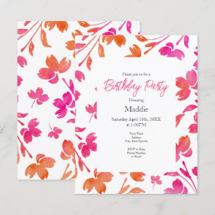 Hot Pink & Orange Watercolor Flower Stems Invitation