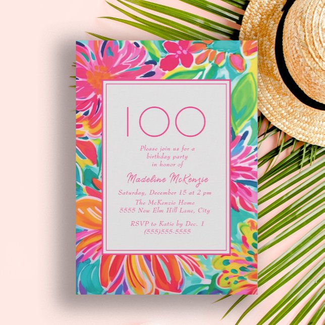 Hot Pink Orange Watercolor Flowers 100th Birthday Invitation (Hot pink and orange tropical leaves 100th birthday party invitation)