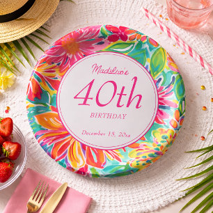Hot Pink Orange Watercolor Flowers 40th Birthday Paper Plate
