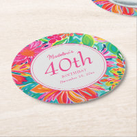 Hot Pink Orange Watercolor Flowers 40th Birthday