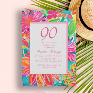 Hot Pink Orange Watercolor Flowers 90th Birthday Invitation