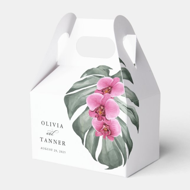 Hot Pink Orchids and Monstera Leaf Tropical Floral Favor Box (Front Side)