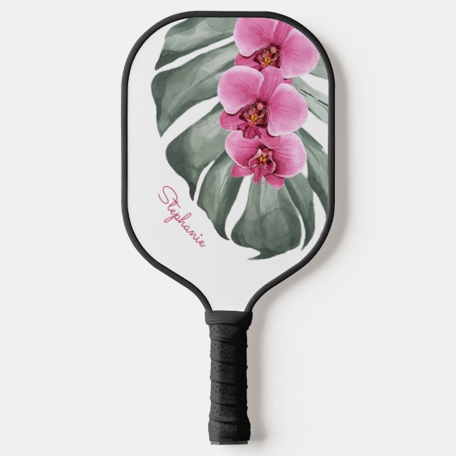 Hot Pink Orchids on Monstera Leaf with Name Pickleball Paddle (Front)
