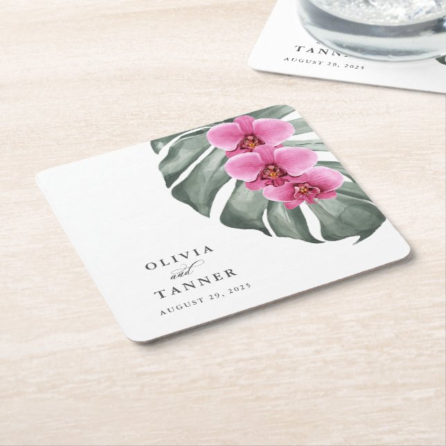 Hot Pink Orchids on Monstera Tropical Wedding Square Paper Coaster (Angled)