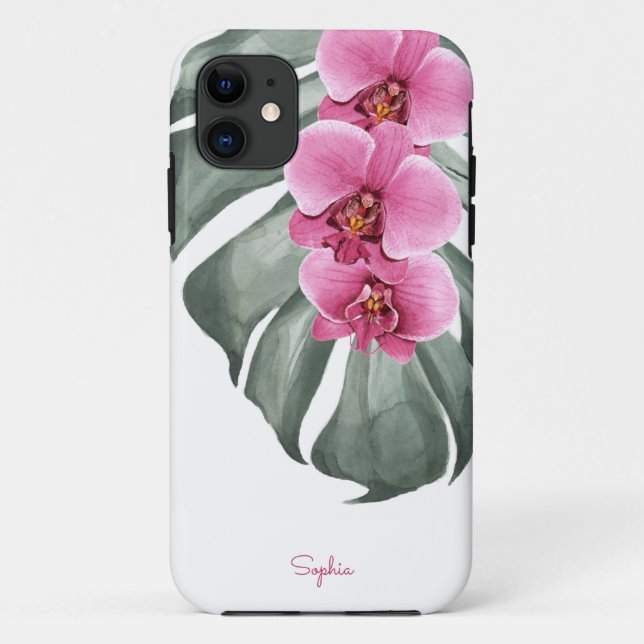 Hot Pink Orchids Tropical Floral with Your Name Case-Mate iPhone Case (Back)