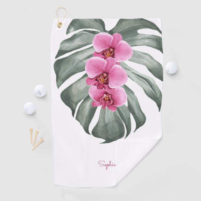 Hot Pink Orchids Tropical Floral with Your Name Golf Towel (InSitu)